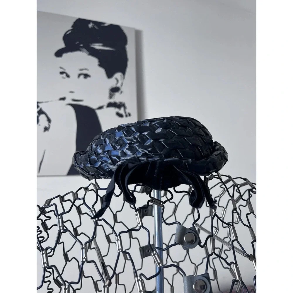 Vintage Betmar Black Woven Straw Pillbox Hat with Bow Accent Mid Century‎ Style